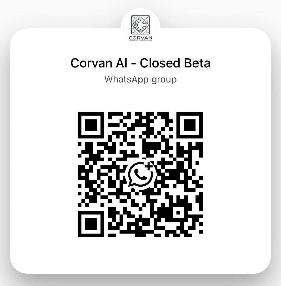WhatsApp QR code for Corvan AI closed beta